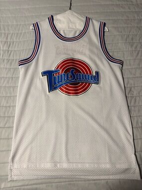 Tune Squad White Basketball Jersey with Red & Blue Logo